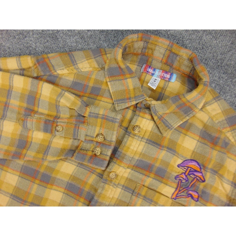 Urban Outfitters Flannel Shirt Mens Med Mushroom Yellow Plaid Streetwear